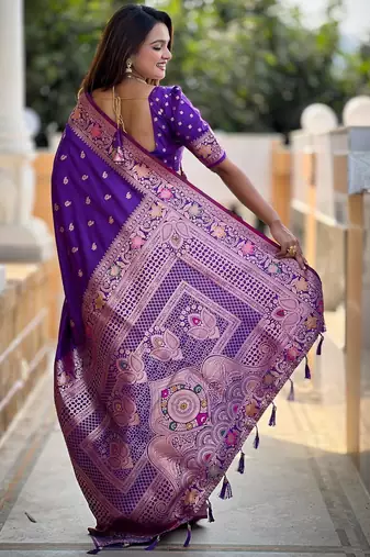 Violet elegant art silk woven saree with rich zari border