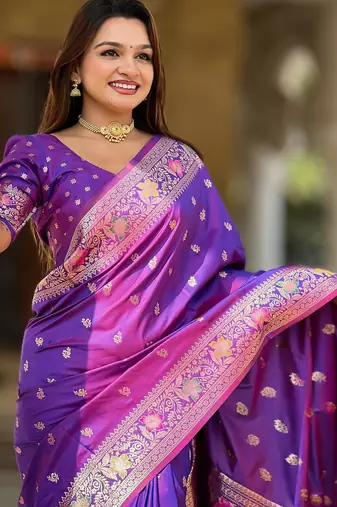 Violet elegant art silk woven saree with rich zari border