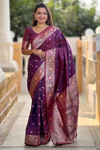 Wine elegant art silk woven saree with rich zari border