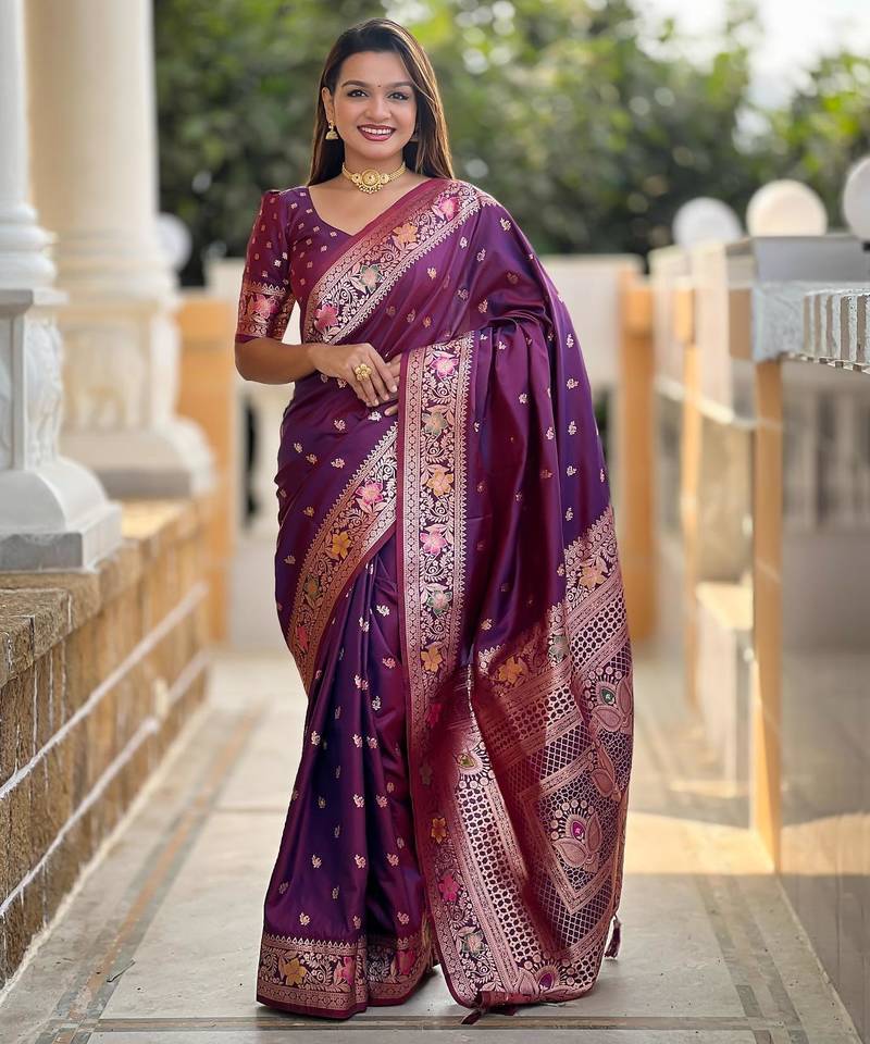 Wine elegant art silk woven saree with rich zari border