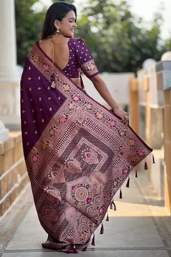 Wine elegant art silk woven saree with rich zari border