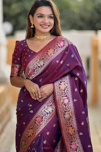 Wine elegant art silk woven saree with rich zari border