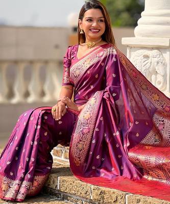 Wine elegant art silk woven saree with rich zari border 5
