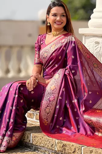 Wine elegant art silk woven saree with rich zari border