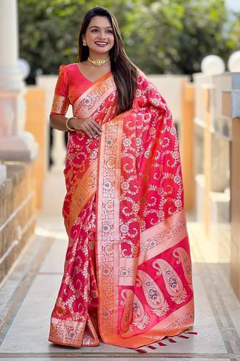 Pink elegant art silk woven saree with rich zari border