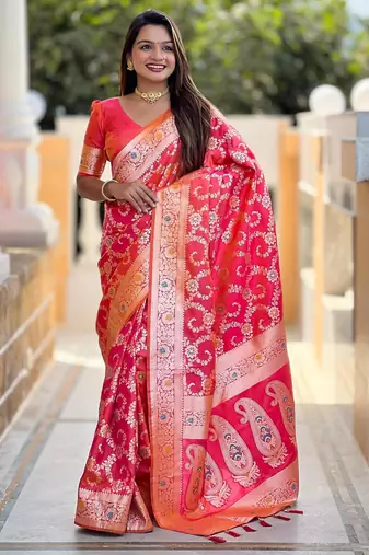 Pink elegant art silk woven saree with rich zari border