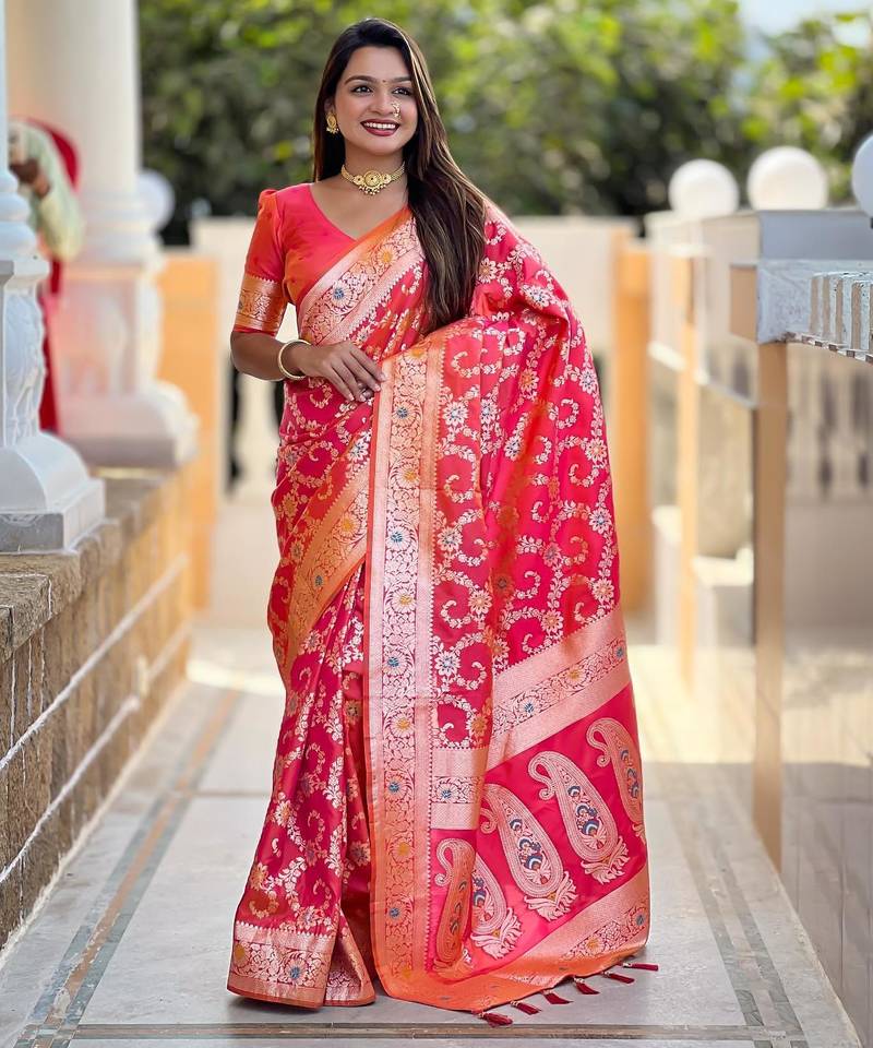 Pink elegant art silk woven saree with rich zari border