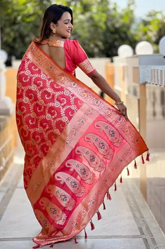 Pink elegant art silk woven saree with rich zari border