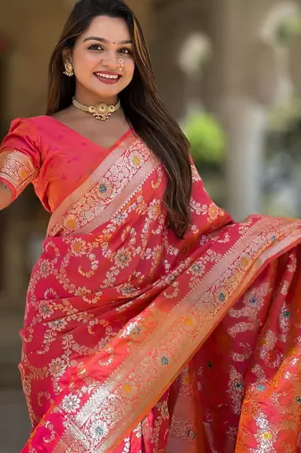 Pink elegant art silk woven saree with rich zari border