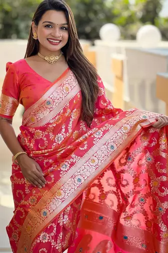Pink elegant art silk woven saree with rich zari border