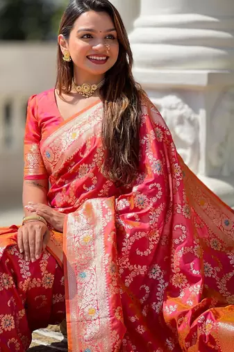 Pink elegant art silk woven saree with rich zari border