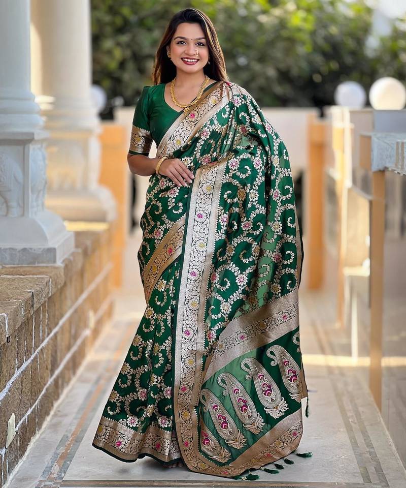 Green elegant art silk woven saree with rich zari border