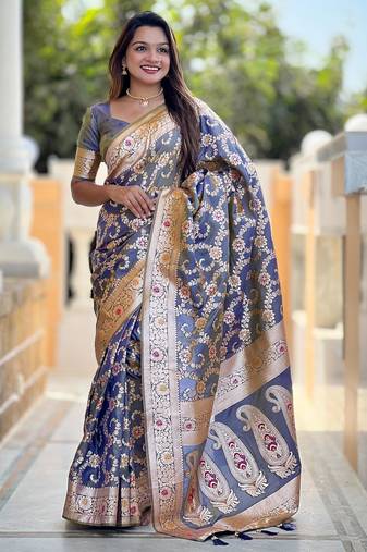 Grey elegant art silk woven saree with rich zari border