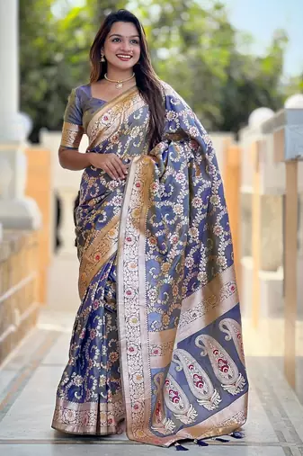Grey elegant art silk woven saree with rich zari border