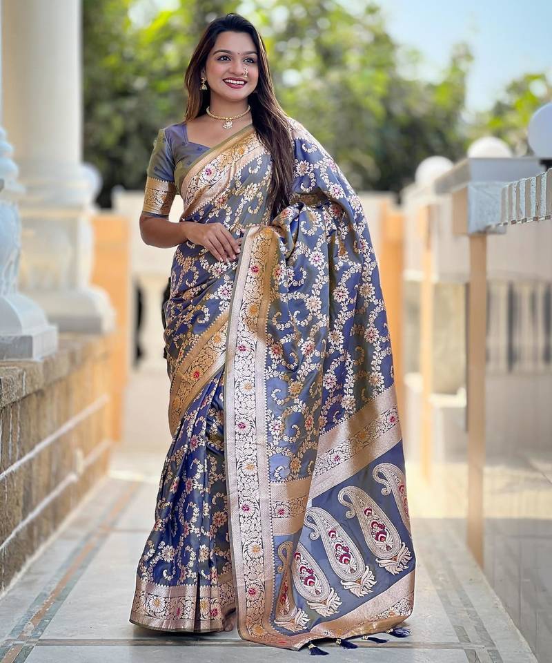 Grey elegant art silk woven saree with rich zari border