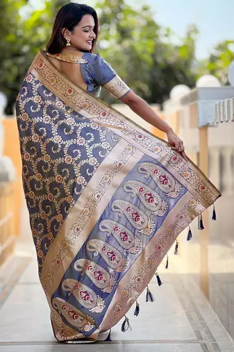 Grey elegant art silk woven saree with rich zari border