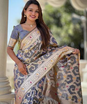 Grey elegant art silk woven saree with rich zari border 3