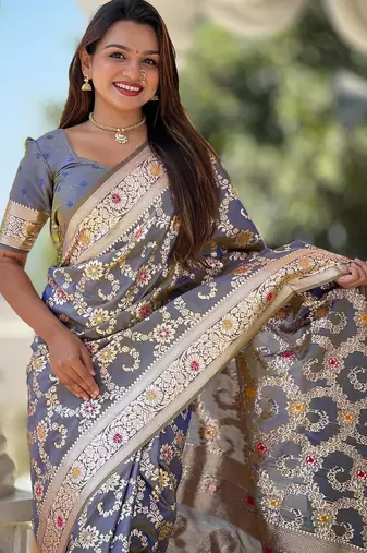 Grey elegant art silk woven saree with rich zari border