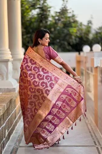 Onion pink elegant art silk woven saree with rich zari border