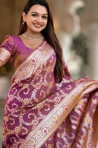 Onion pink elegant art silk woven saree with rich zari border