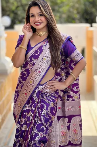 Purple elegant art silk woven saree with rich zari border
