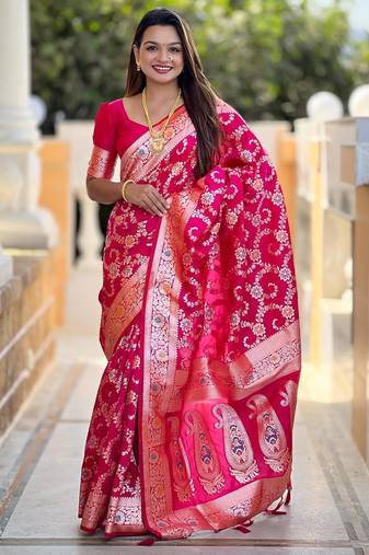 Pink elegant art silk woven saree with rich zari border