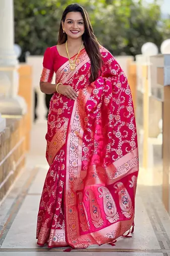 Pink elegant art silk woven saree with rich zari border