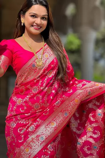 Pink elegant art silk woven saree with rich zari border