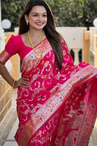 Pink elegant art silk woven saree with rich zari border
