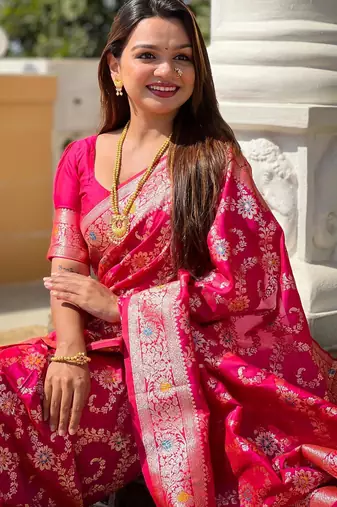 Pink elegant art silk woven saree with rich zari border