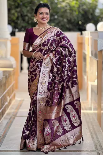 Wine elegant art silk woven saree with rich zari border