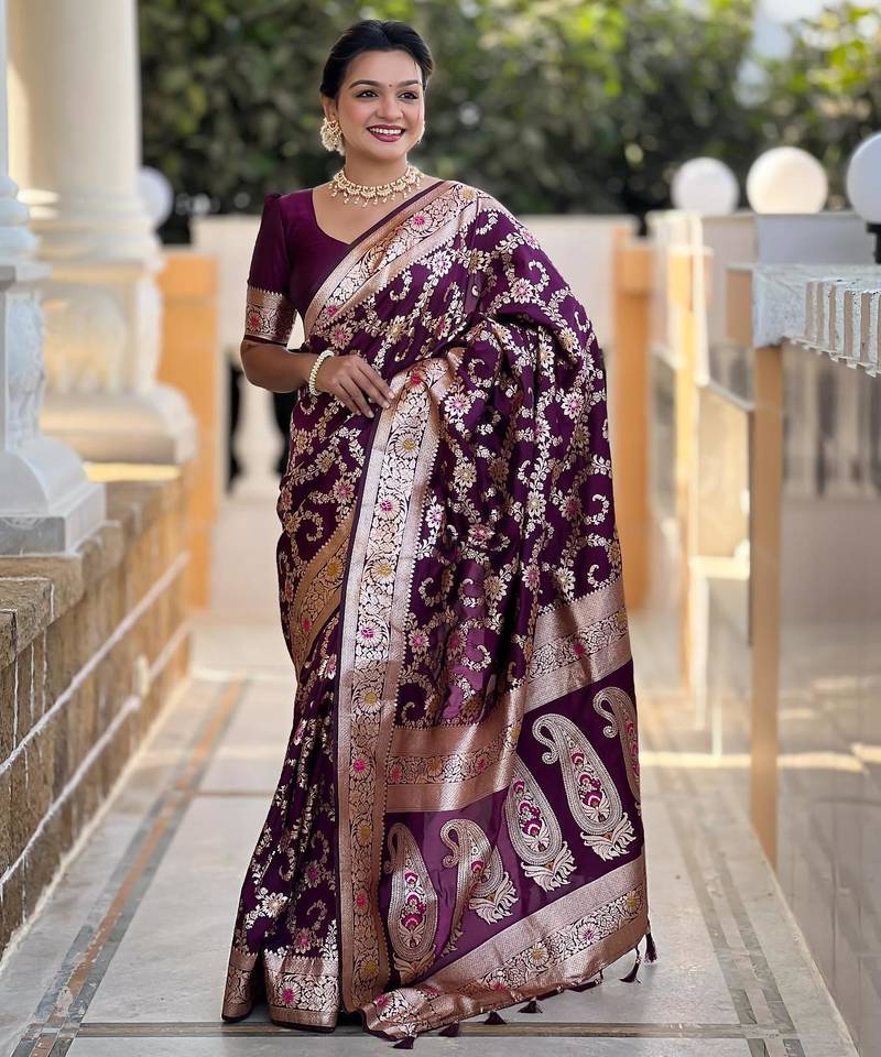 Wine elegant art silk woven saree with rich zari border