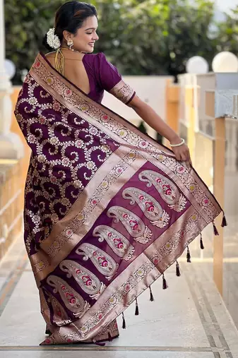 Wine elegant art silk woven saree with rich zari border