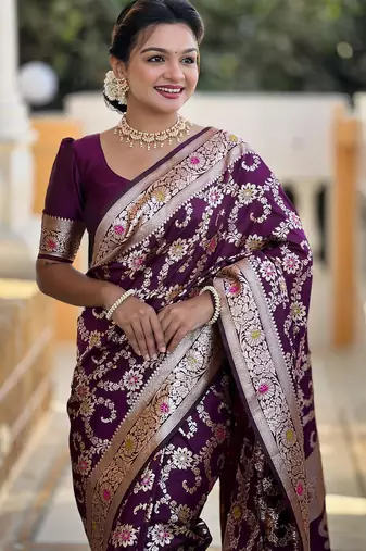 Wine elegant art silk woven saree with rich zari border