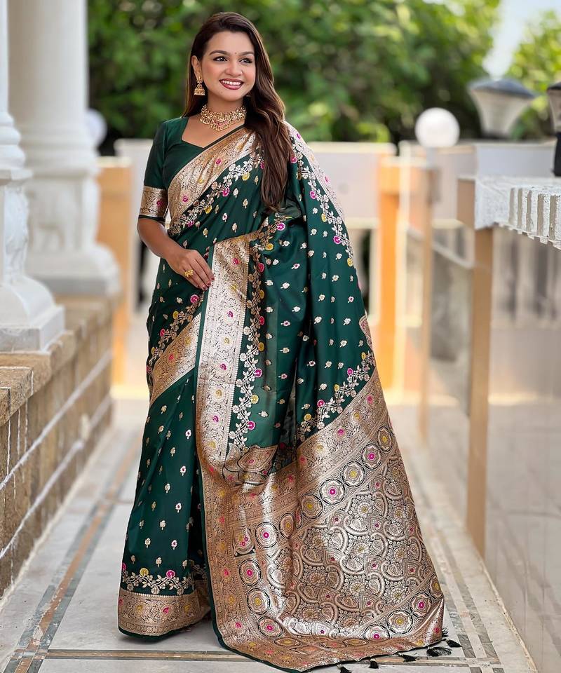 Green elegant art silk woven saree with rich zari border