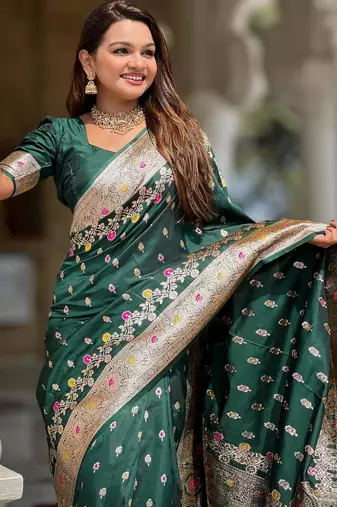 Green elegant art silk woven saree with rich zari border
