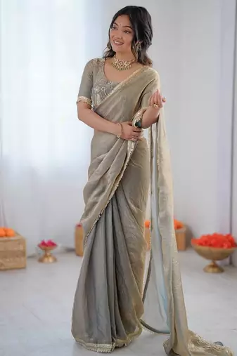 Light grey golden shaded fendy silk ready to wear saree