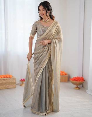 Light grey golden shaded fendy silk ready to wear saree 3