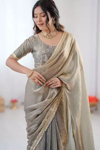 Light grey golden shaded fendy silk ready to wear saree