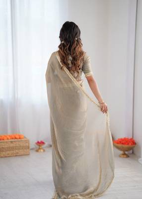Light grey golden shaded fendy silk ready to wear saree 5