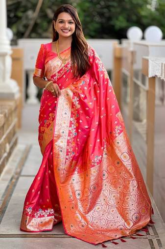 Pink elegant art silk woven saree with rich zari border