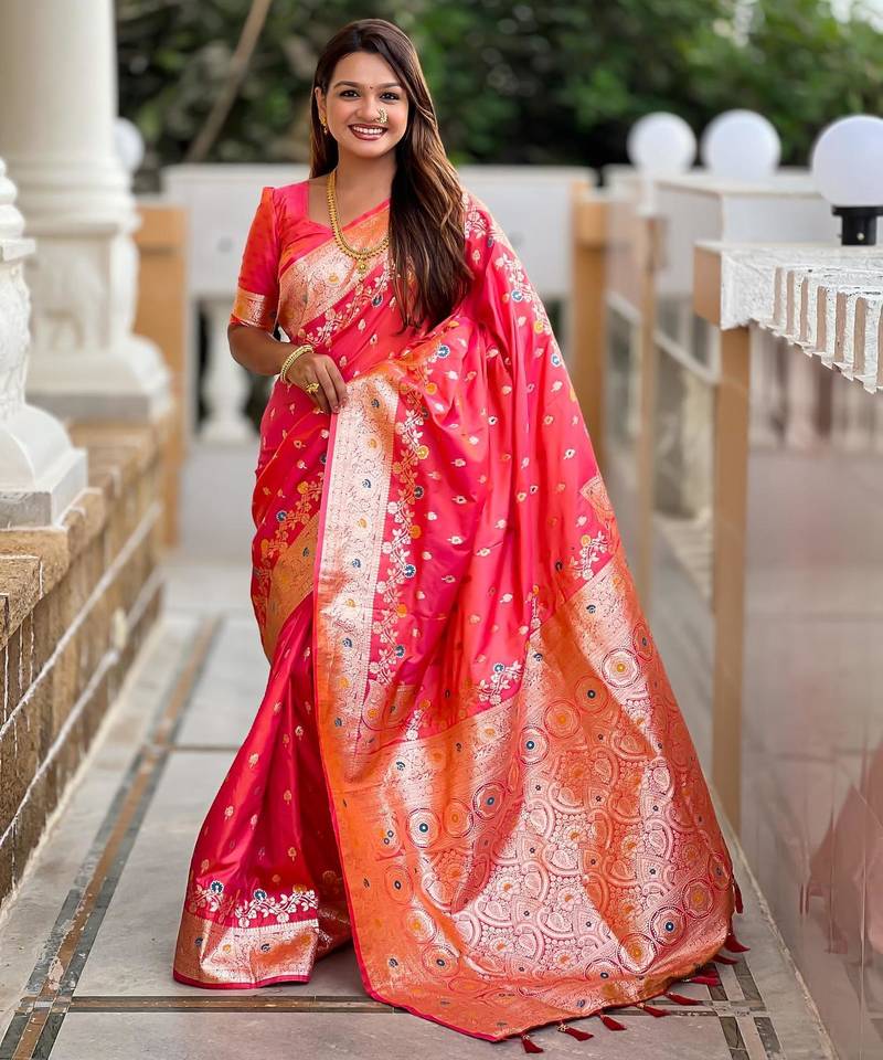 Pink elegant art silk woven saree with rich zari border