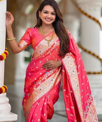 Pink elegant art silk woven saree with rich zari border 3