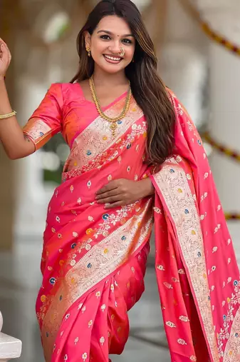 Pink elegant art silk woven saree with rich zari border