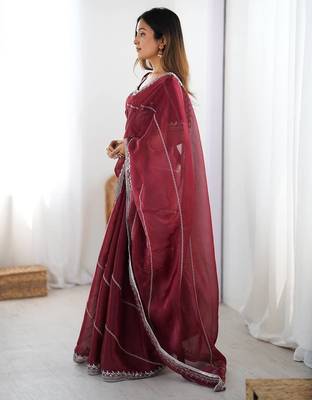 Maroon thread sequin organza silk party wear saree 3