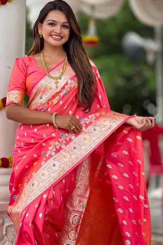 Pink elegant art silk woven saree with rich zari border