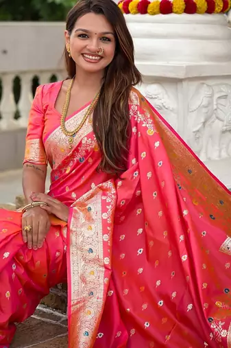 Pink elegant art silk woven saree with rich zari border