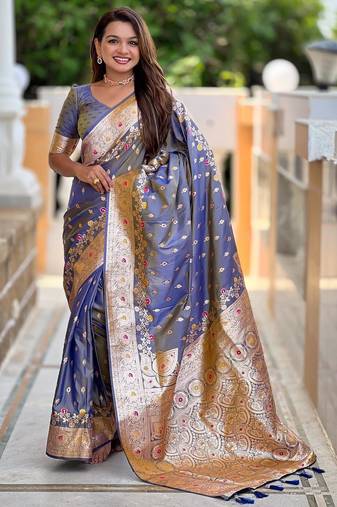 Grey elegant art silk woven saree with rich zari border