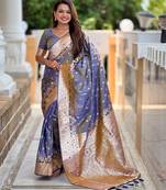 Grey elegant art silk woven saree with rich zari border