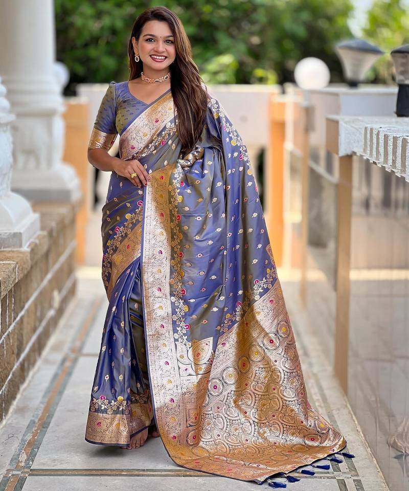 Grey elegant art silk woven saree with rich zari border